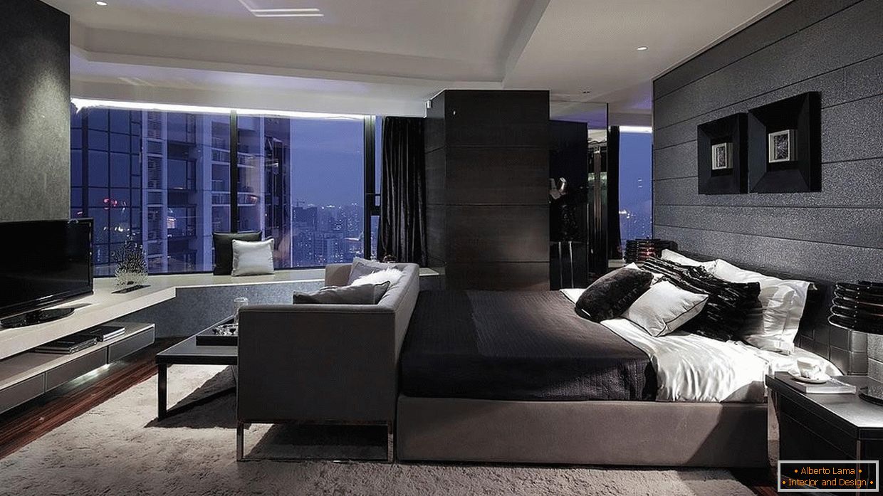 Stil visoke tehnologije u spavaćoj sobi s panoramskim prozorom