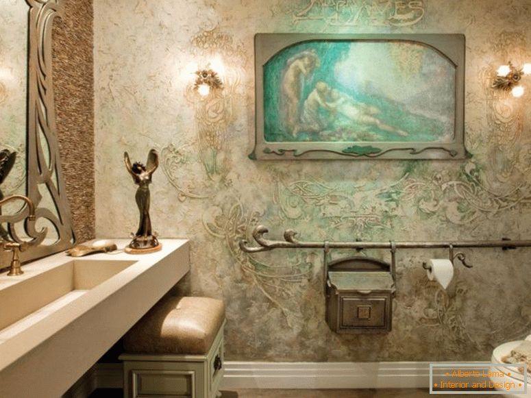 Veličanstveni-art-deco-kupatilo-ideje-s-kremom-tekstura zida-boje-poput-kupatilo-kraljevi-i-vrhnje-drvene-pravokutnik stol, uključujući-umivaonik-i-zlato-inox-slavina-in sudoper-i-super-interijer-dizajna