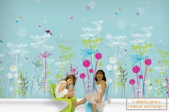 Dječji zidni papir za djevojčice - fotografija u plavoj boji