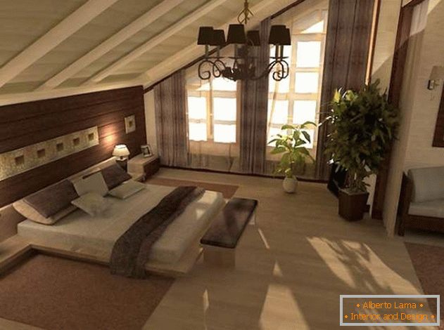 Moderni dizajn spavaće sobe u potkrovlju kuće