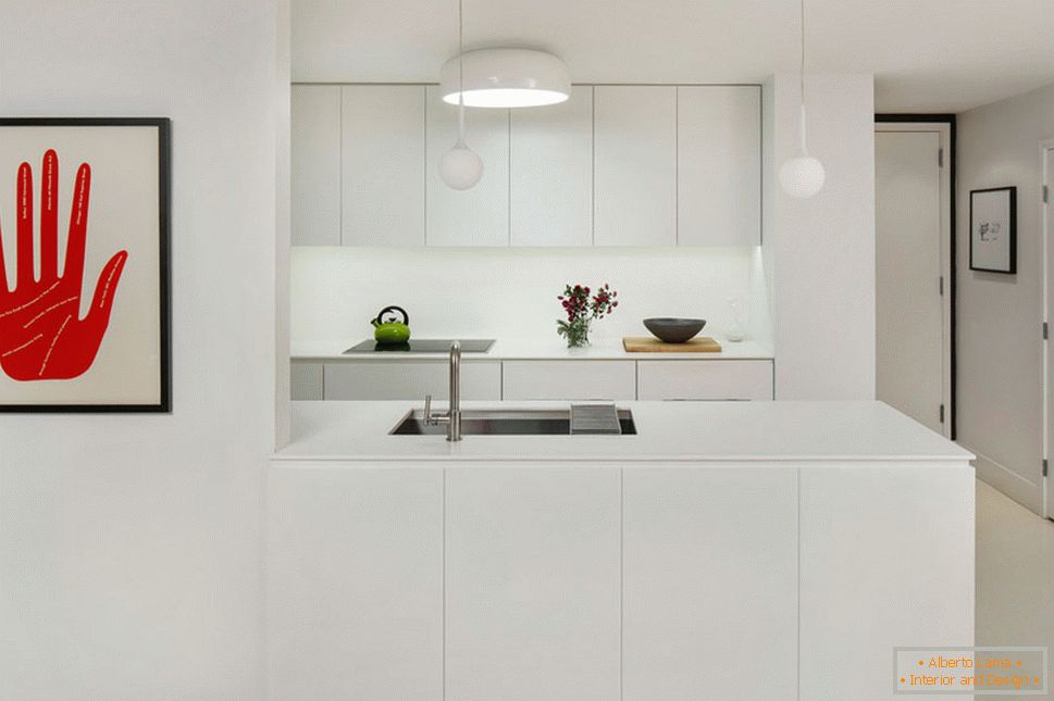 Interijer kuhinje u bijeloj boji sa svijetlim zakrpama